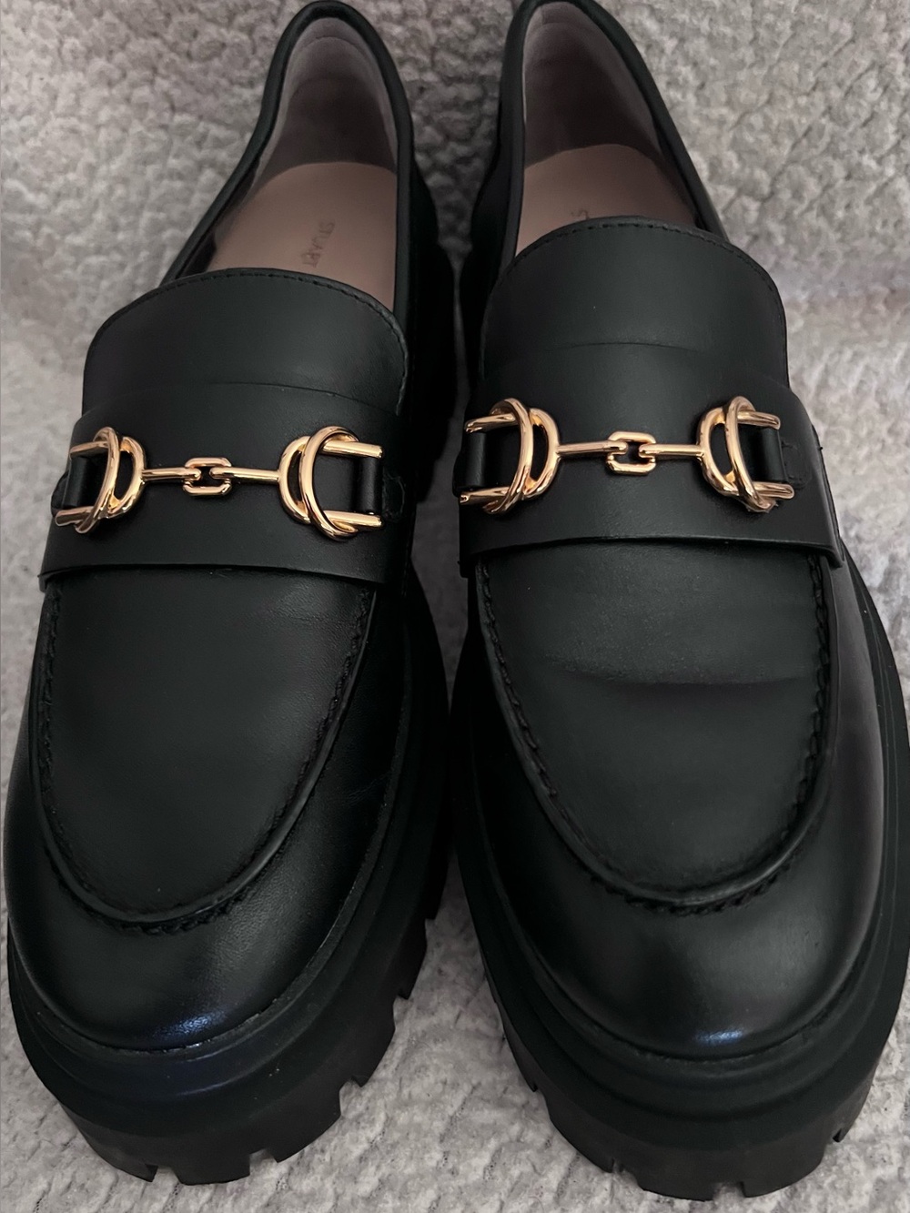 Stuart Weitzman Owen ultra lug Black Leather Hi-Rise Loafers with Gold Horsebit